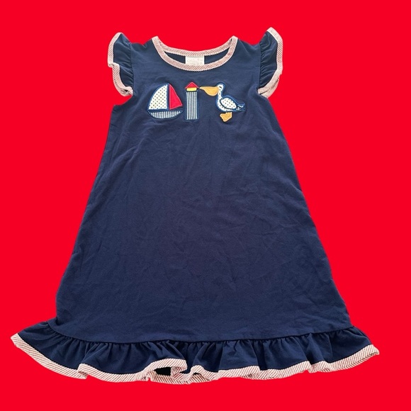 Stitchy Fish Girls 7 Navy Blue Lookout Lady Appliqué Dress Sailboat Lighthouse - Picture 4 of 8